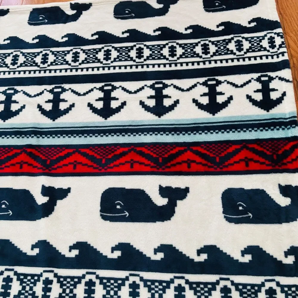 Vineyard Vines Plush Throw Blanket Whales Nautical Decor Waves Beachy 48 x 60
